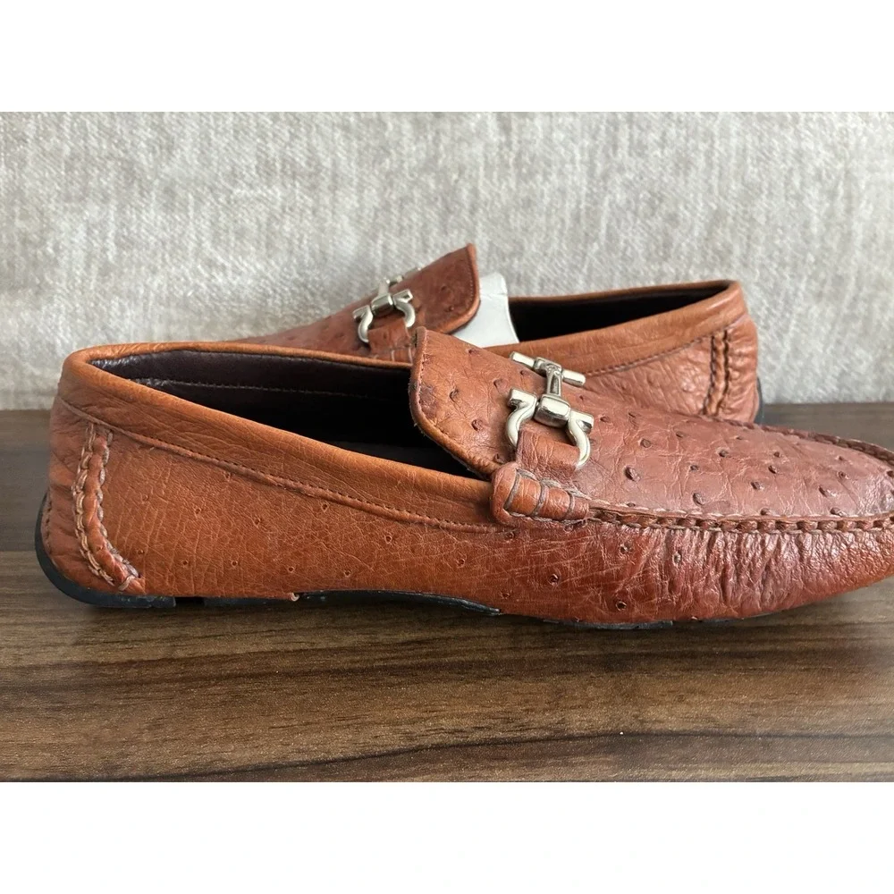 Boozie & Co Genuine Ostrich Quill Driving Moccasins Bit Loafer Cognac Tan Sz 8